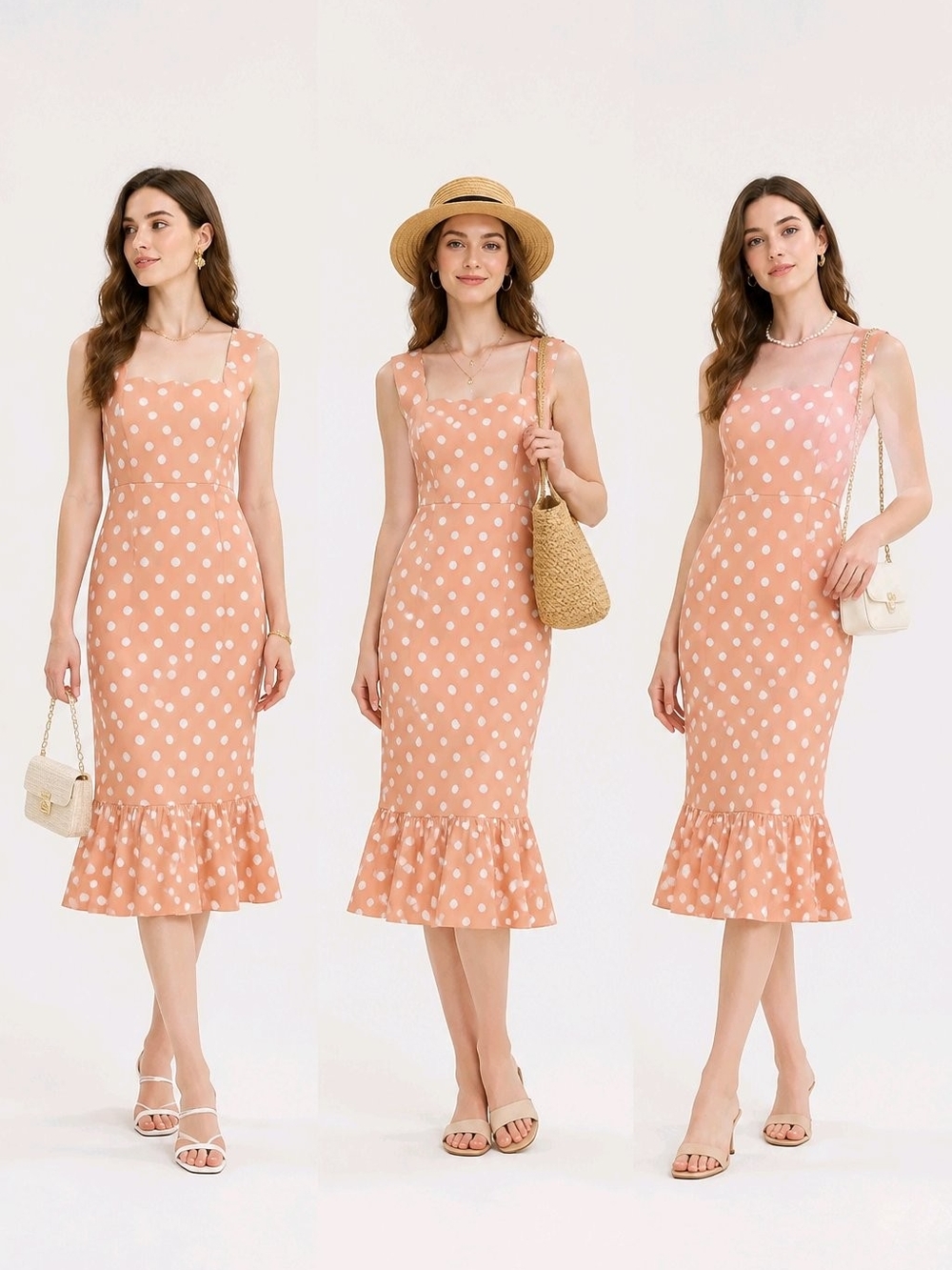 ASOS Peach Polka Dot Midi Dress with Ruffle Hem